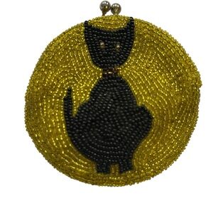 Beaded Cat Design Mini Bag - Black and Gold